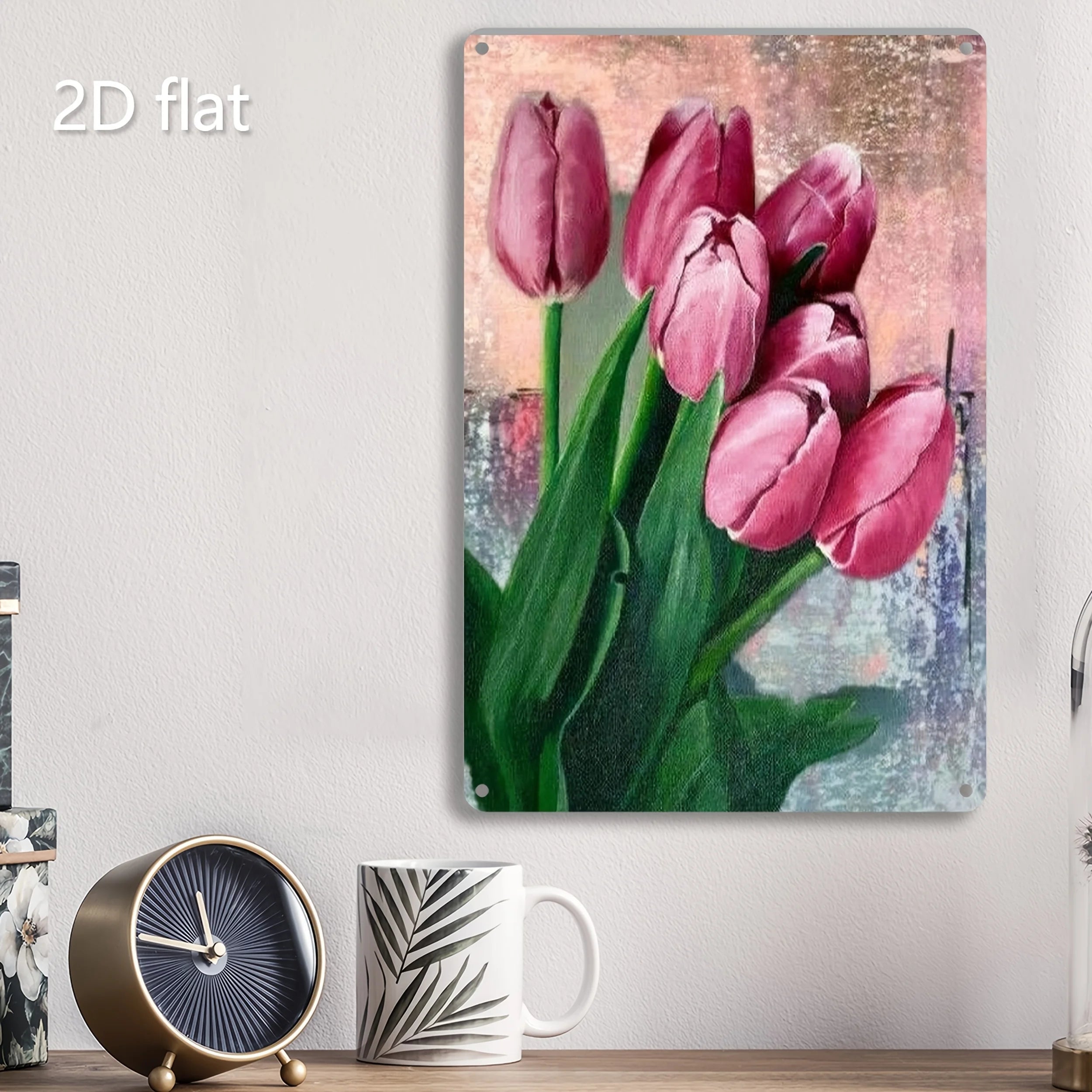 Vibrant Pink Tulip Bouquet 2D Flat Metal Wall Art - Weather-Resistant Decor for Home, Garden, Patio, 7.87x11.8 Inch