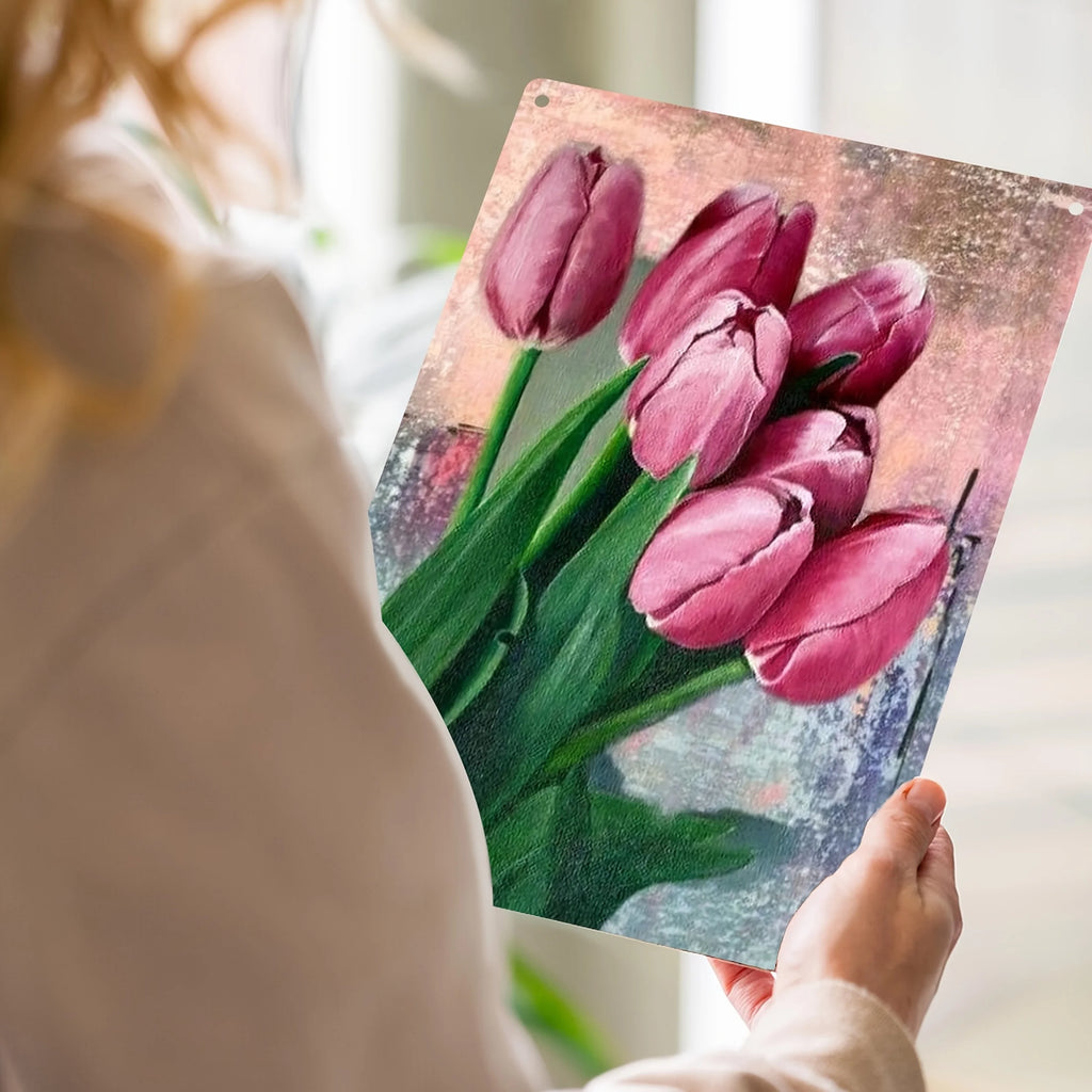 Vibrant Pink Tulip Bouquet 2D Flat Metal Wall Art - Weather-Resistant Decor for Home, Garden, Patio, 7.87x11.8 Inch