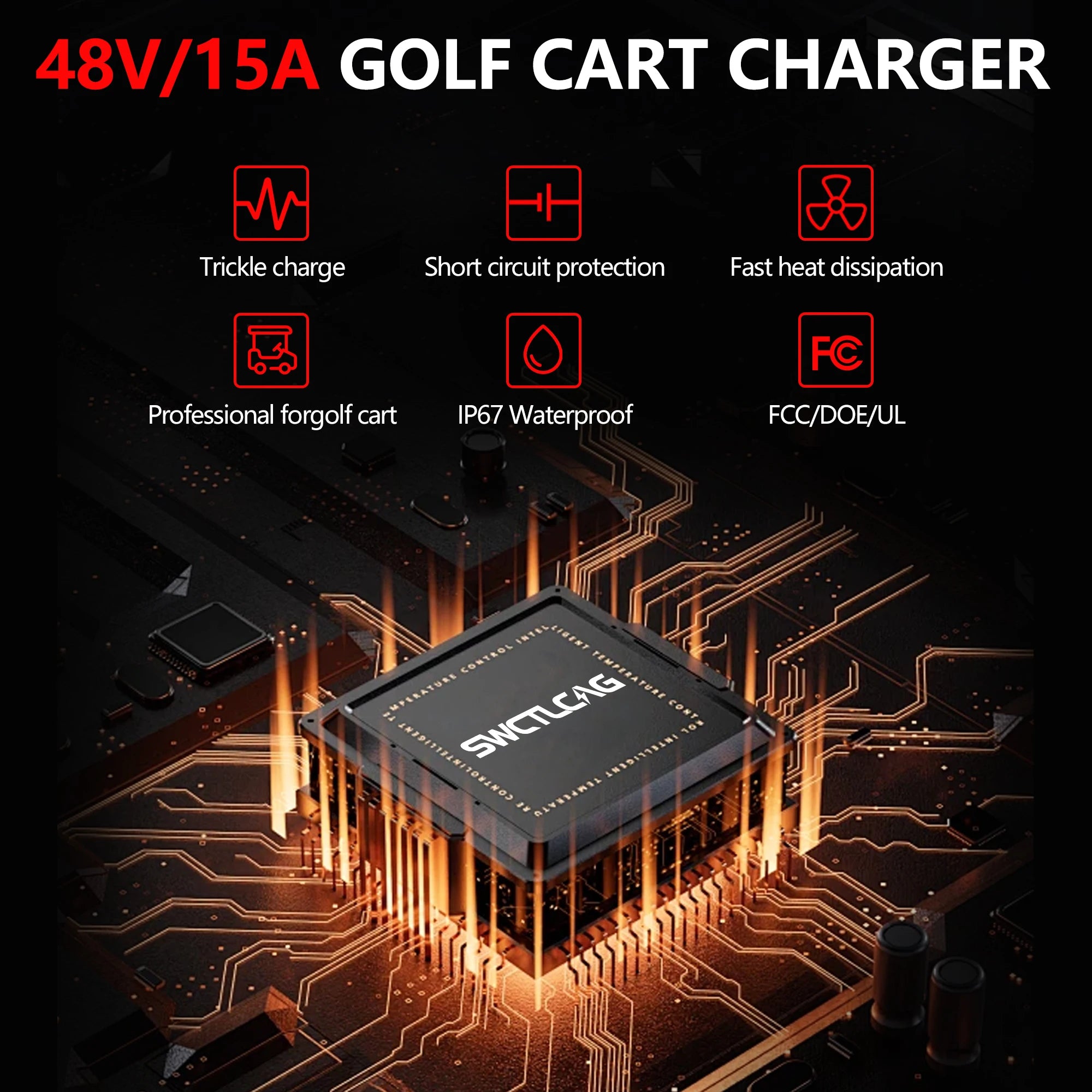 15 Amp 48 Volt Golf Cart Battery Charger 2 Pin Plug For Golf Cart Yamaha G19 G22 Waterproof