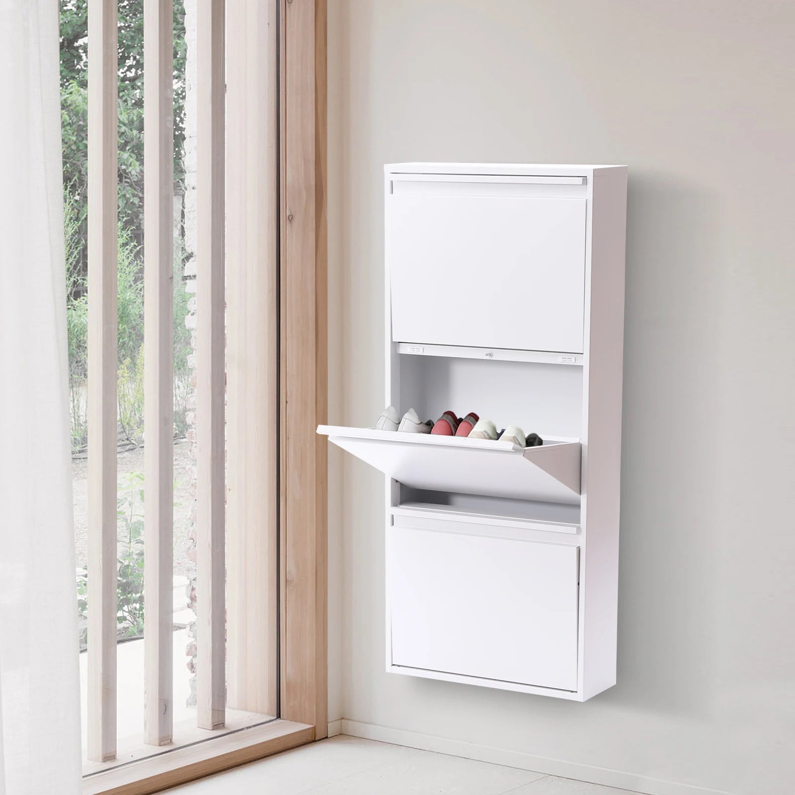 3-Tier Flip Shoe Storage Cabinet, Noiseless Soft Closing Dampers, Wall Mount/Freestanding,  Metal Shoe Rack for Entryway/Hallway