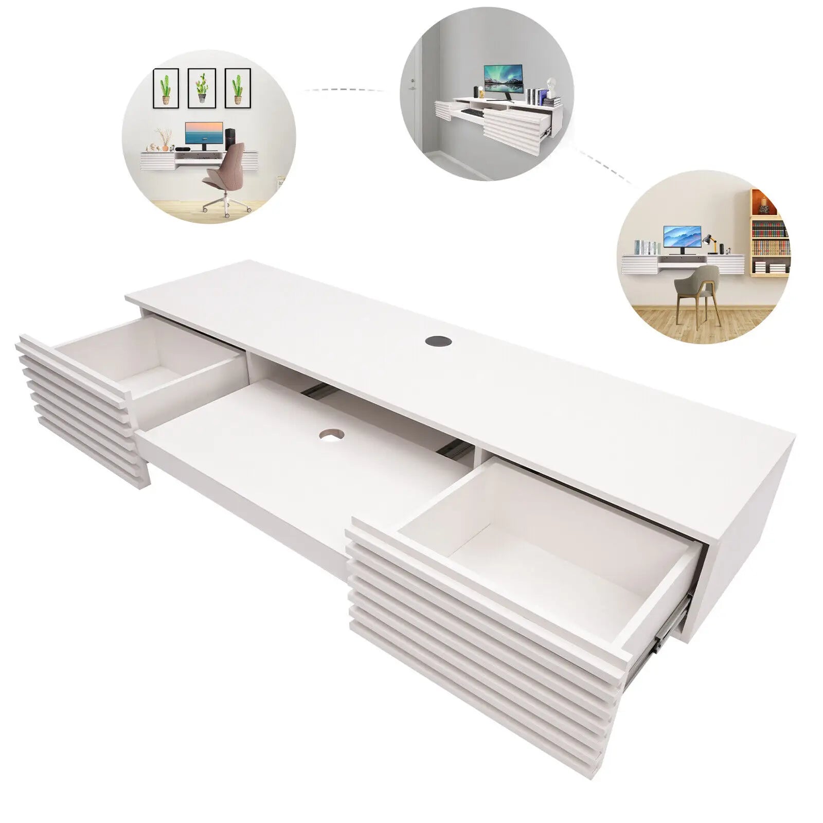 152.4*39.37*24.13cm Wall Mounted Desk White Wall-Mount Desk with Pull Out Drawer Wall Organizer