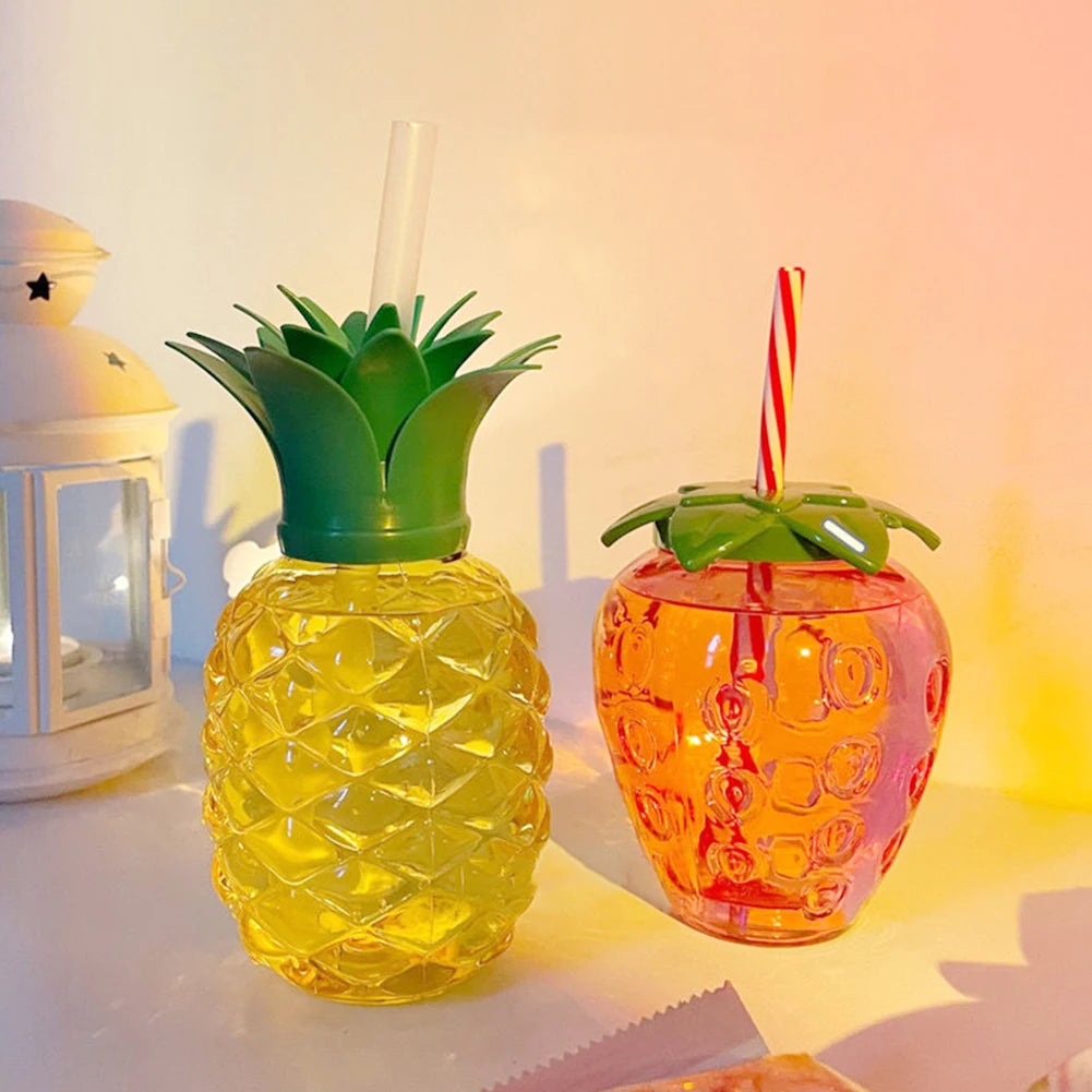 3/6pcs Cold Beverage Mug 500ml Pineapple/Strawberry Shape Tropical Summer Cups with Straw Creative Birthday Party Decoration