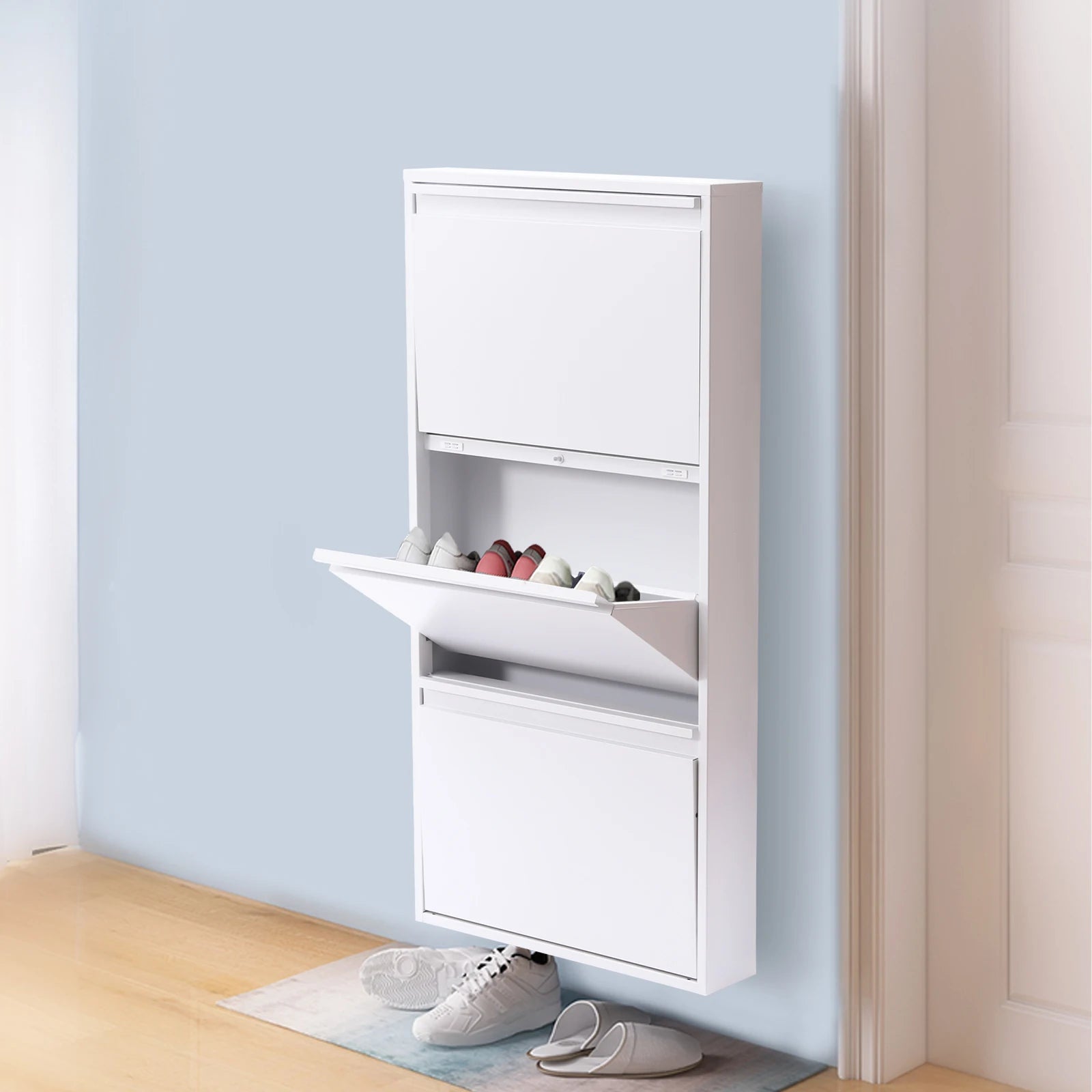 3-Tier Flip Shoe Storage Cabinet, Noiseless Soft Closing Dampers, Wall Mount/Freestanding,  Metal Shoe Rack for Entryway/Hallway