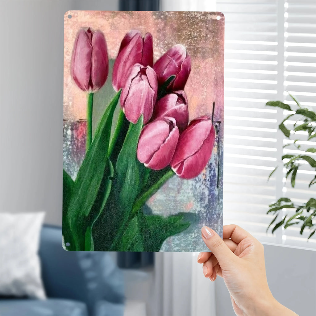 Vibrant Pink Tulip Bouquet 2D Flat Metal Wall Art - Weather-Resistant Decor for Home, Garden, Patio, 7.87x11.8 Inch