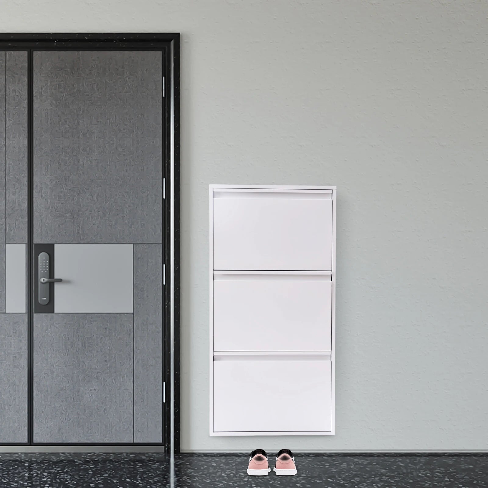 3-Tier Flip Shoe Storage Cabinet, Noiseless Soft Closing Dampers, Wall Mount/Freestanding,  Metal Shoe Rack for Entryway/Hallway