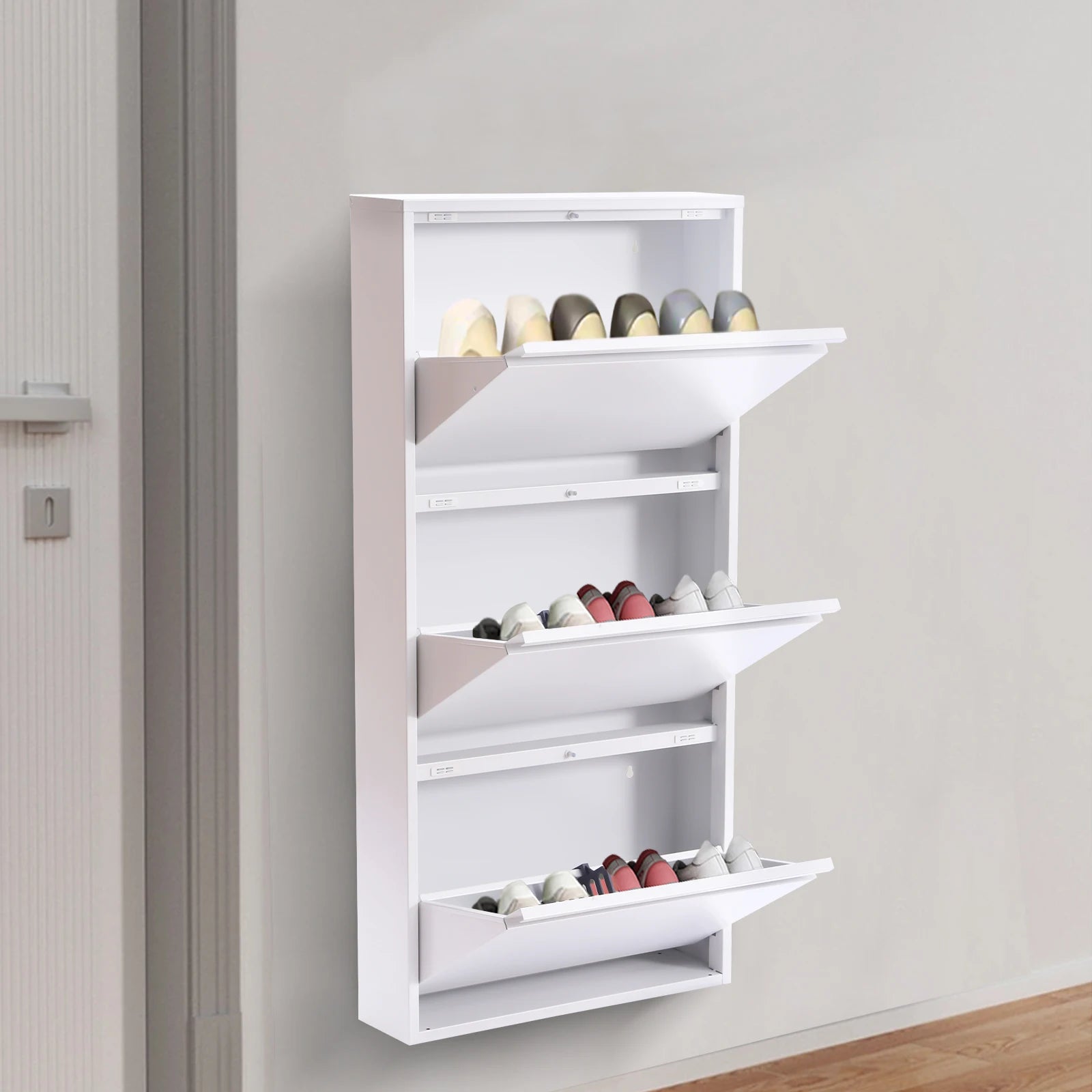3-Tier Flip Shoe Storage Cabinet, Noiseless Soft Closing Dampers, Wall Mount/Freestanding,  Metal Shoe Rack for Entryway/Hallway