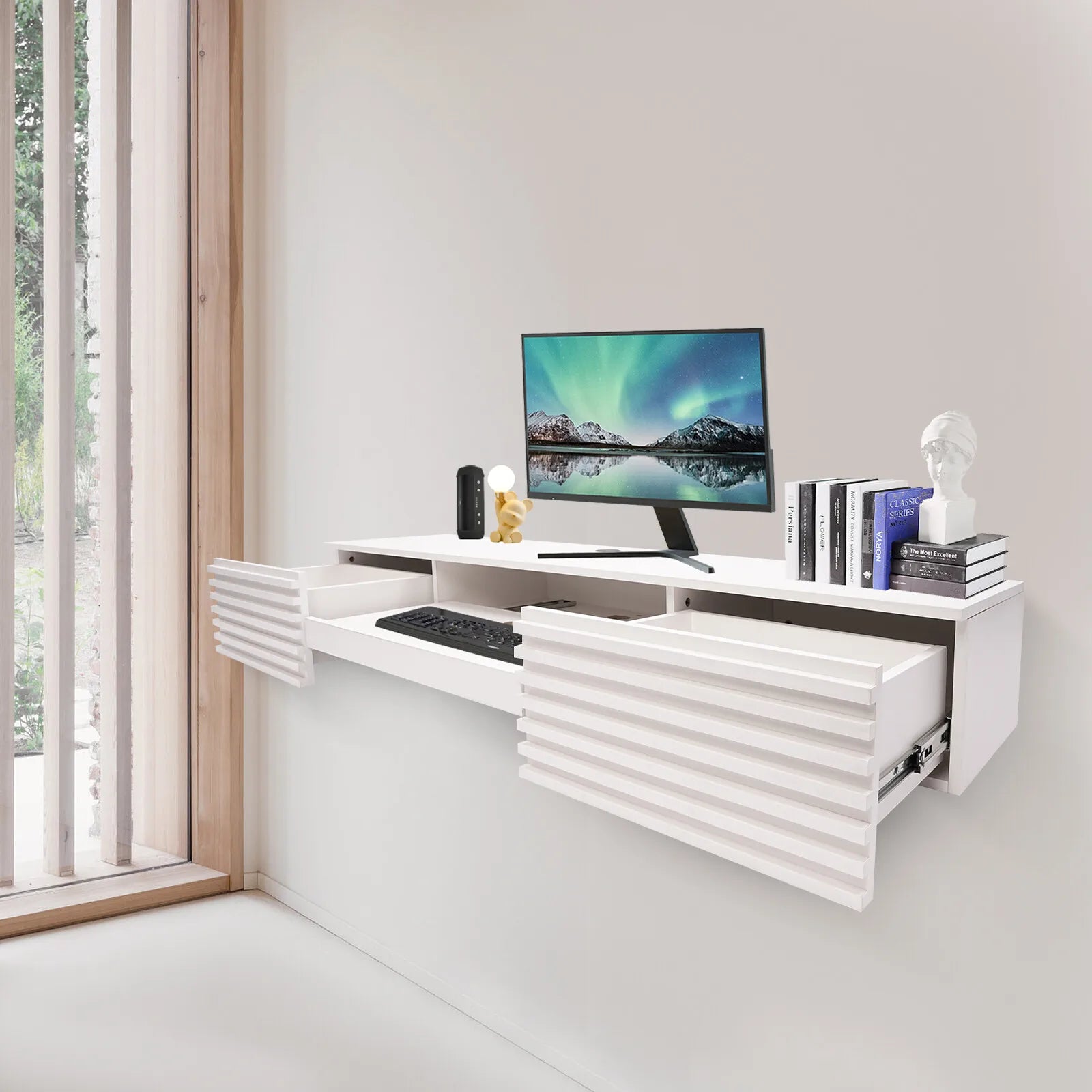 152.4*39.37*24.13cm Wall Mounted Desk White Wall-Mount Desk with Pull Out Drawer Wall Organizer