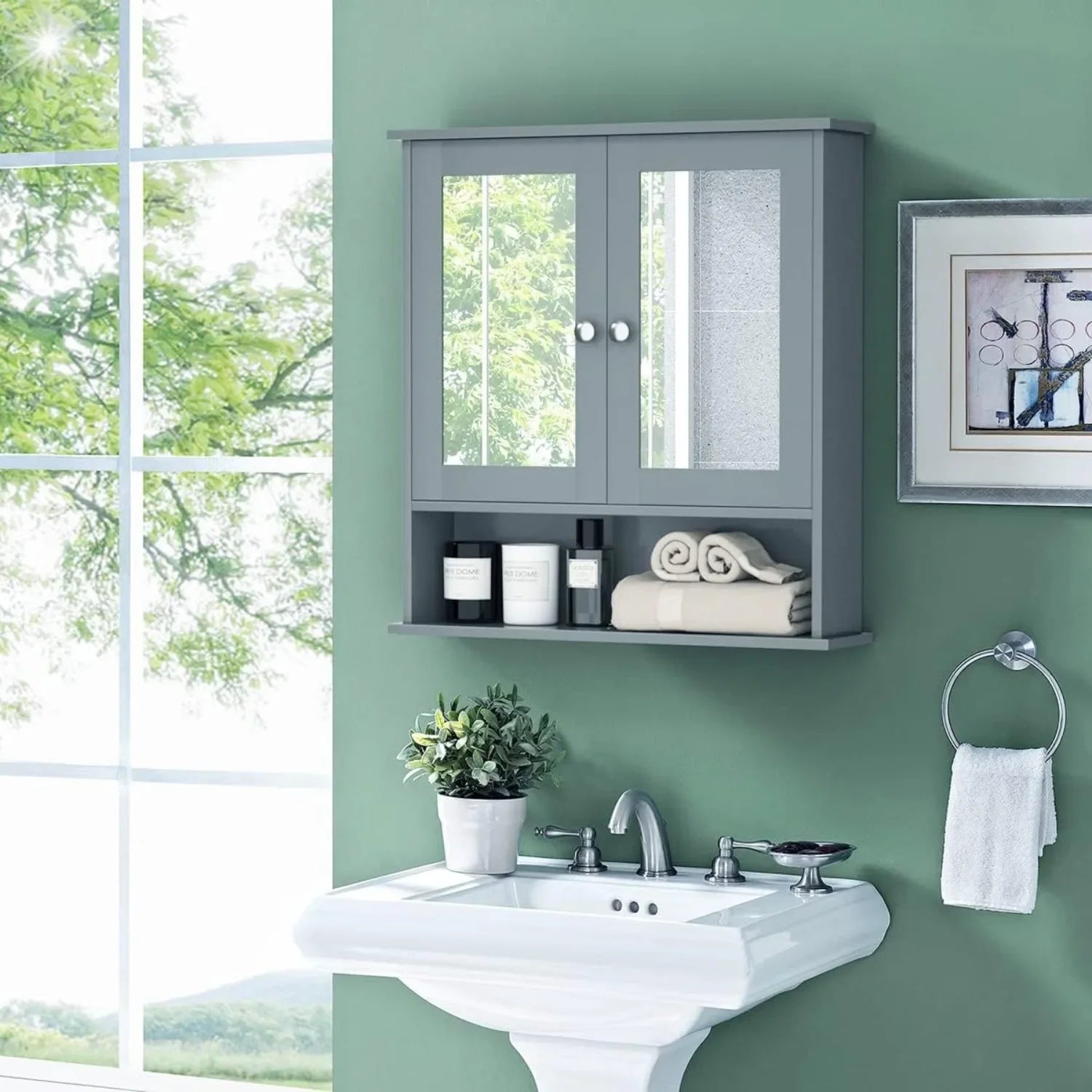 Bathroom Cabinet Wall Mounted with Double Mirror Doors, Wooden Hanging Organizer with Doors and Shelves, Bathroom Wall Mirror