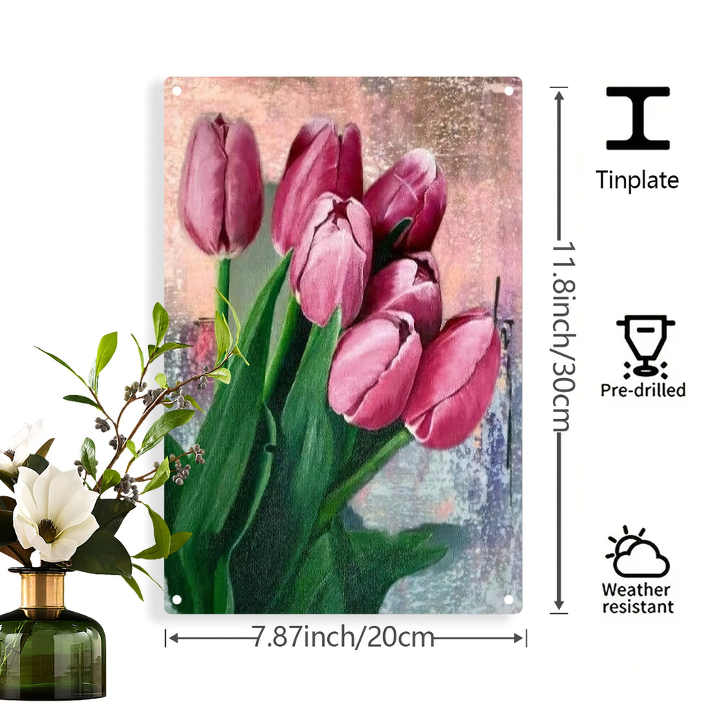 Vibrant Pink Tulip Bouquet 2D Flat Metal Wall Art - Weather-Resistant Decor for Home, Garden, Patio, 7.87x11.8 Inch