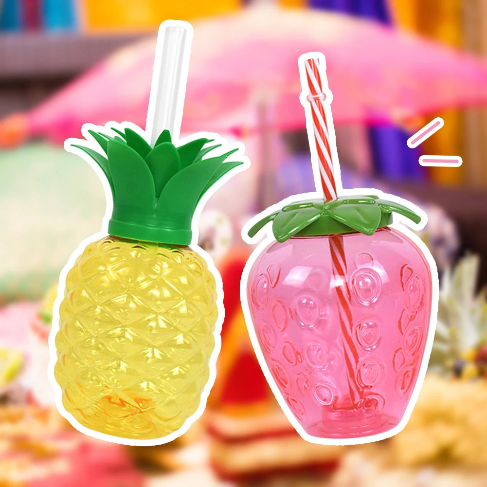 3/6pcs Cold Beverage Mug 500ml Pineapple/Strawberry Shape Tropical Summer Cups with Straw Creative Birthday Party Decoration