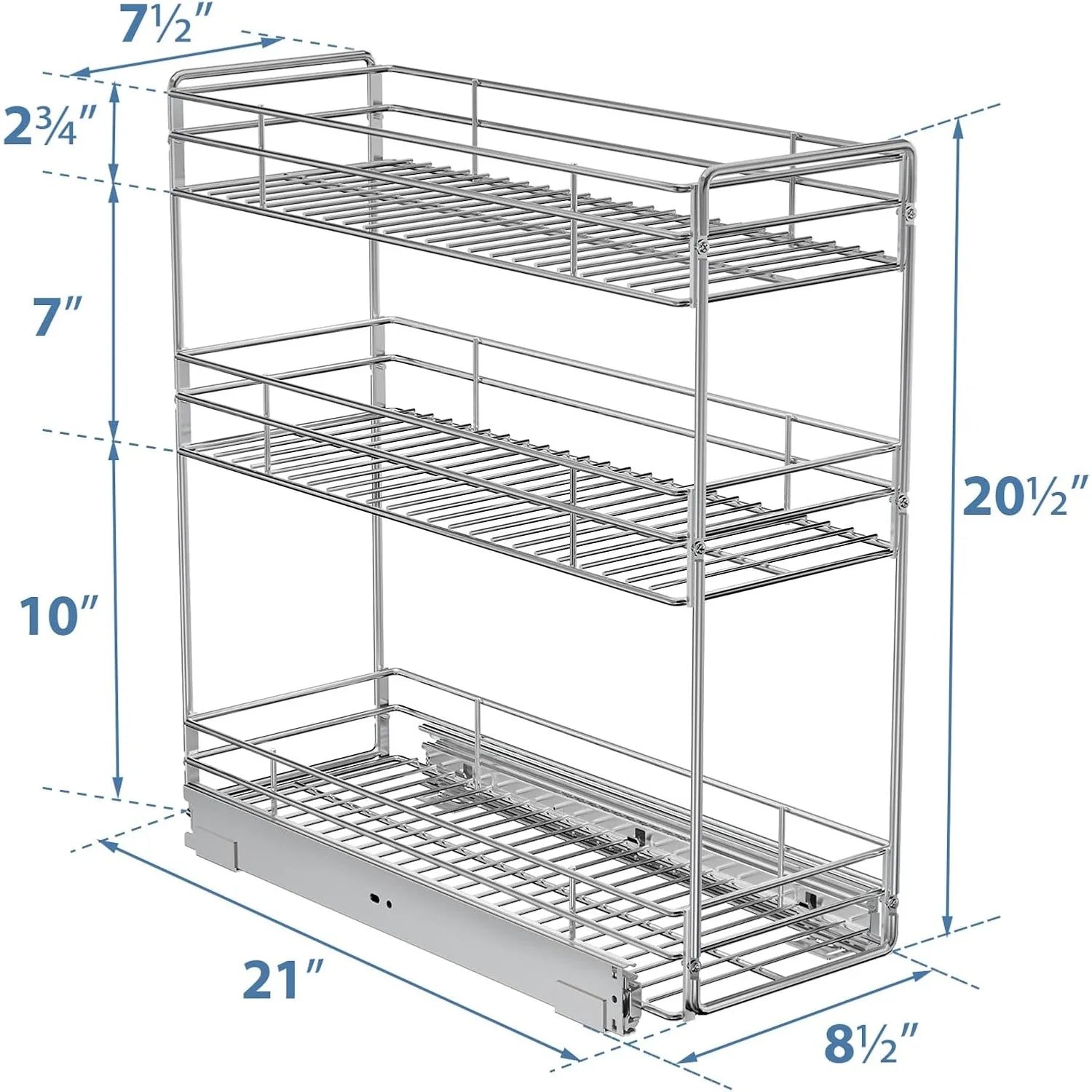 3-Tier Pull Out Cabinet Organizer for Narrow Cabinet (8.5" W X 20.5" D), Kitchen Cabinet Organizer and Storage Cabinet Pull Out