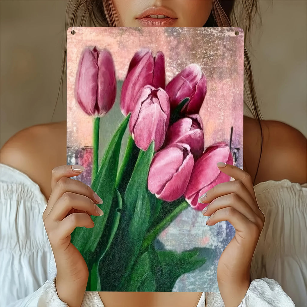 Vibrant Pink Tulip Bouquet 2D Flat Metal Wall Art - Weather-Resistant Decor for Home, Garden, Patio, 7.87x11.8 Inch