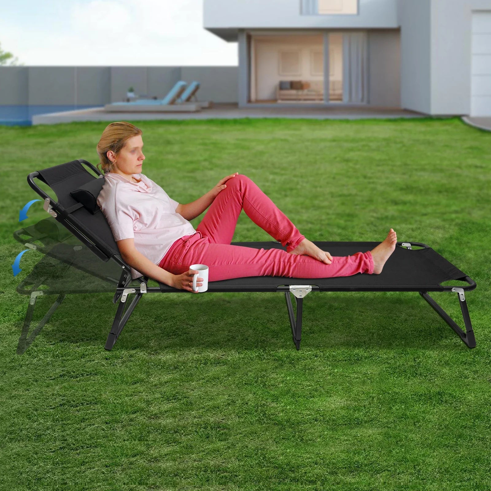 Black Portable Folding Camping Cot with 4-Position Adjustable, Oxford Cloth Cot for Camping & Traveling, Load Capacity 120 KG