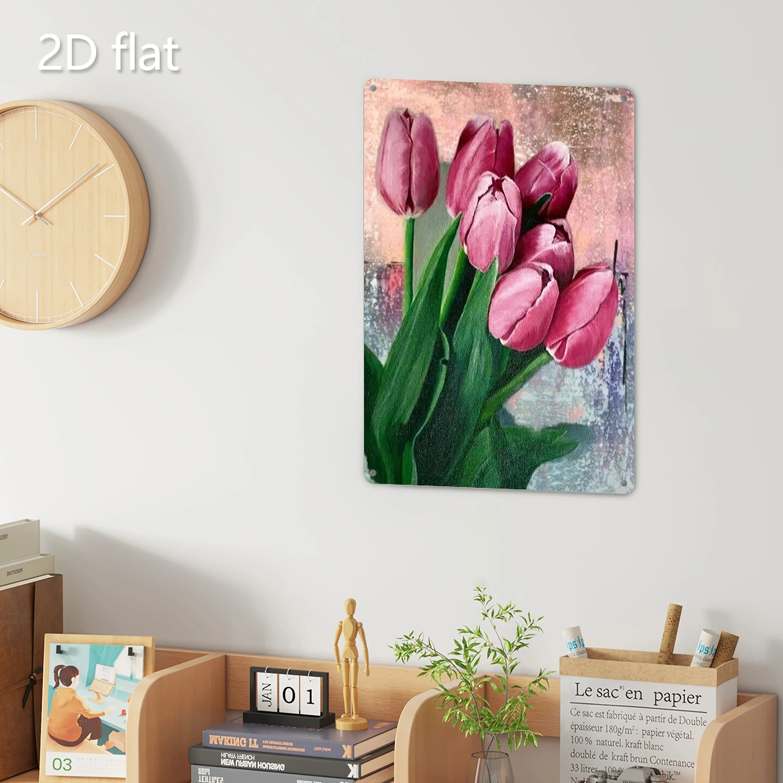 Vibrant Pink Tulip Bouquet 2D Flat Metal Wall Art - Weather-Resistant Decor for Home, Garden, Patio, 7.87x11.8 Inch