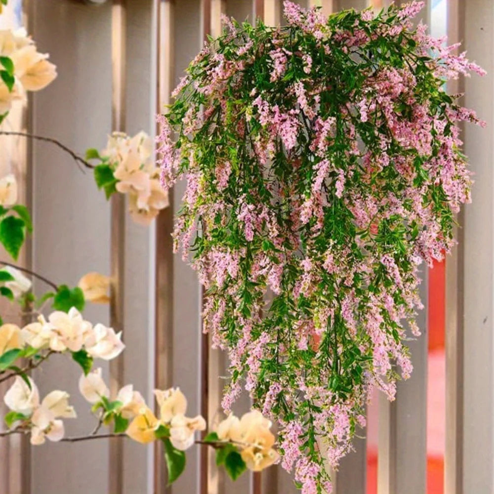 2 Pcs Artificial Lavender Wall Hanging Plastic Rattan Artificial Flowers Living Room Bouquet Wedding Decoration Plants