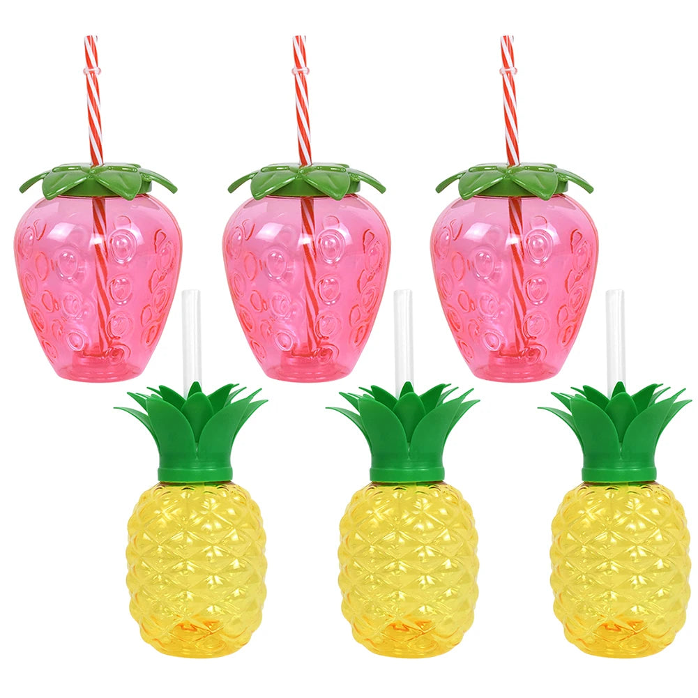 3/6pcs Cold Beverage Mug 500ml Pineapple/Strawberry Shape Tropical Summer Cups with Straw Creative Birthday Party Decoration